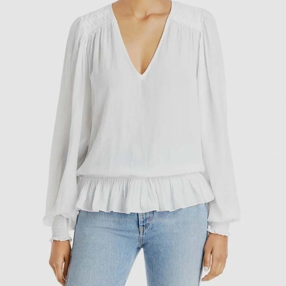 Ramy Brook New York White Deep V-Neck Smocked Peplum Blouse Top Balloon Sleeve S
